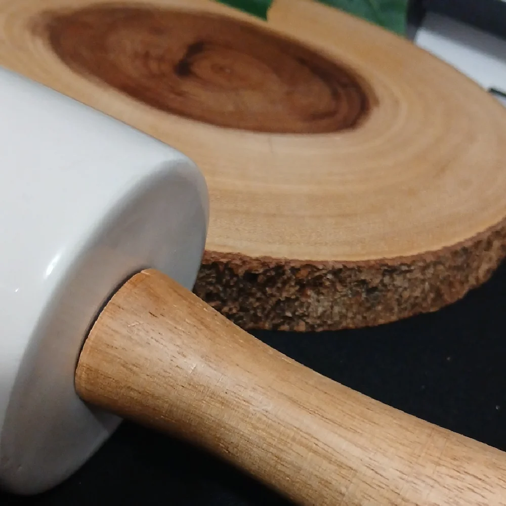 Rae Dunn White Ceramic Rolling Pin with Wooden Handles